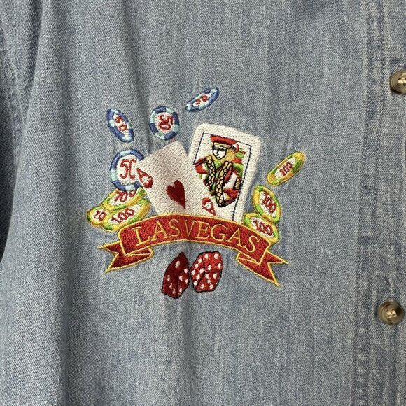 Vtg Bay Beauty Women's Las Vegas Denim Button Up Shirt Shoulder Pads XXL Blue - Picture 3 of 9